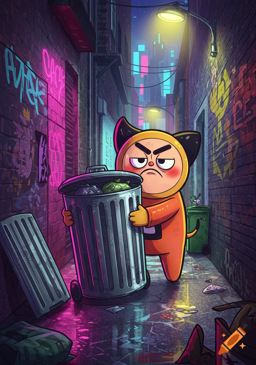 A frowning, orange, cat-like cartoon character holds a trash can in a neon-lit urban alley with graffiti.