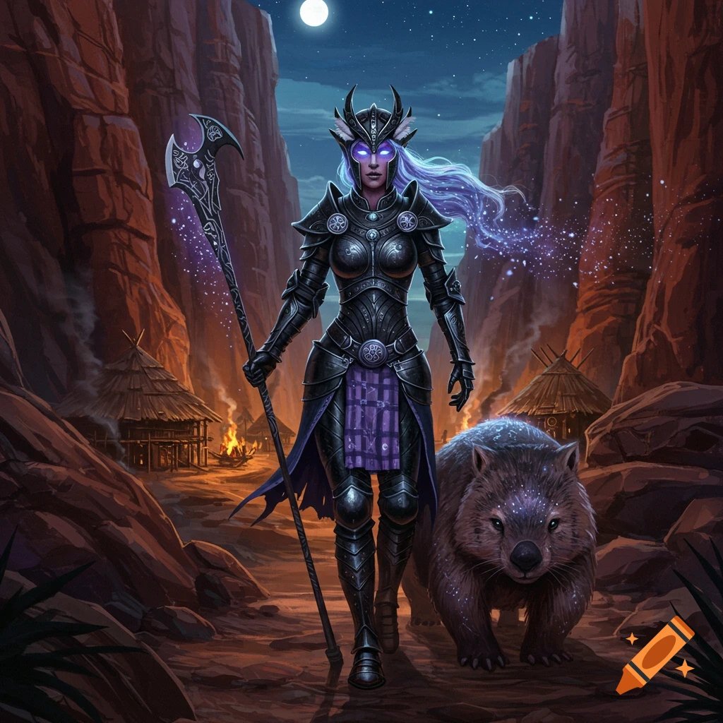 An armored female warrior with glowing eyes and long purple hair stands with a large staff and a giant wombat in a canyon at night under a full moon.