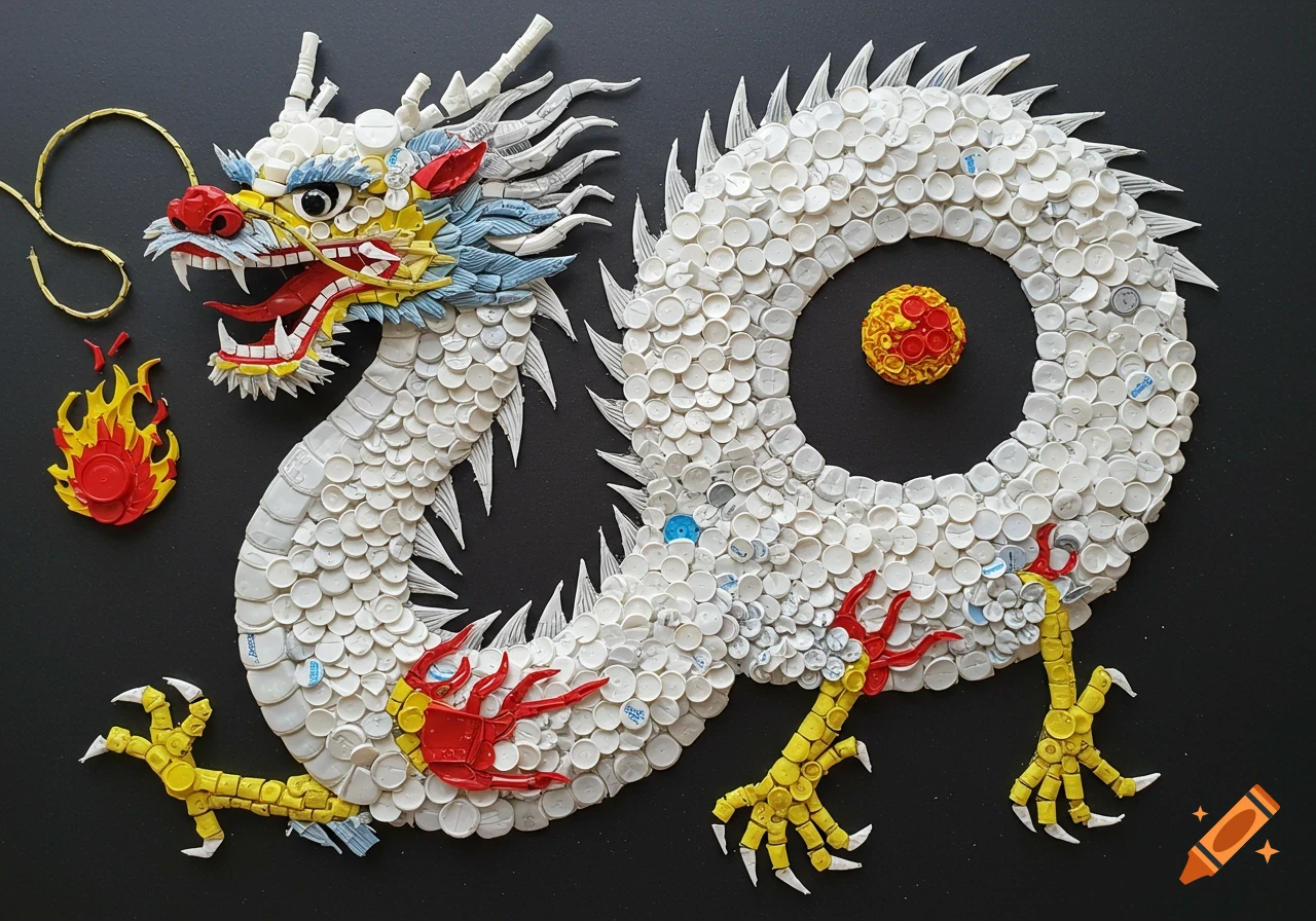 Majestic Vietnamese dragon art crafted from hundreds of white, red, yellow, and blue plastic bottle caps on a dark background.