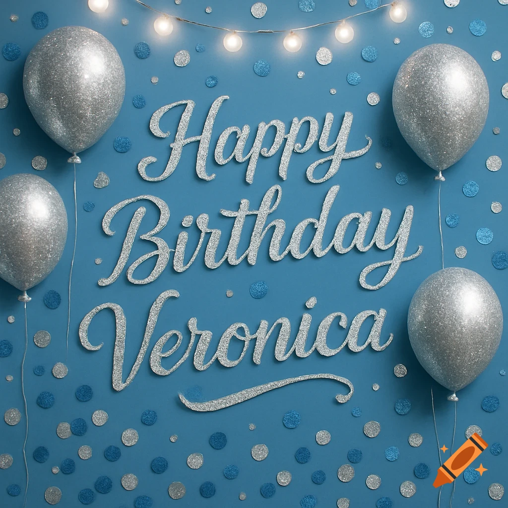 A blue background with silver glitter balloons, string lights, and blue/silver confetti. Silver script text reads 'Happy Birthday Veronica'.