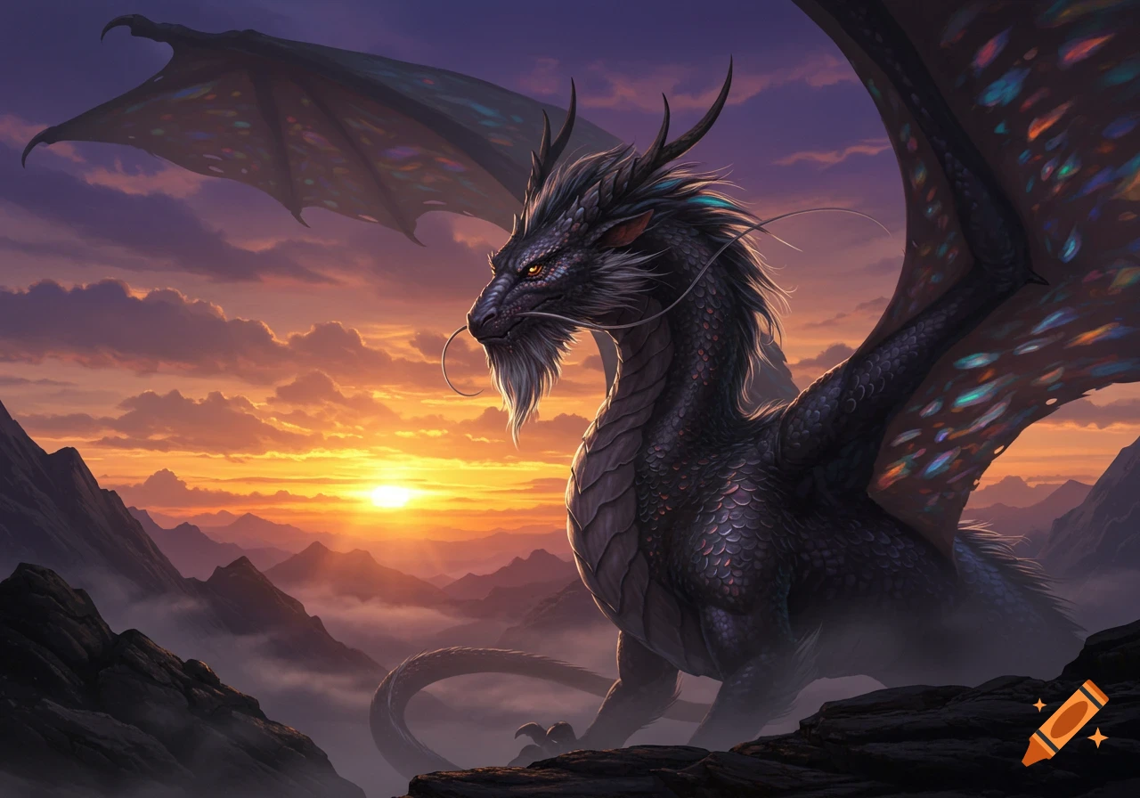 A majestic dark dragon with a beard and colorful wings perches on a mountain peak at sunset, overlooking a misty mountain range.