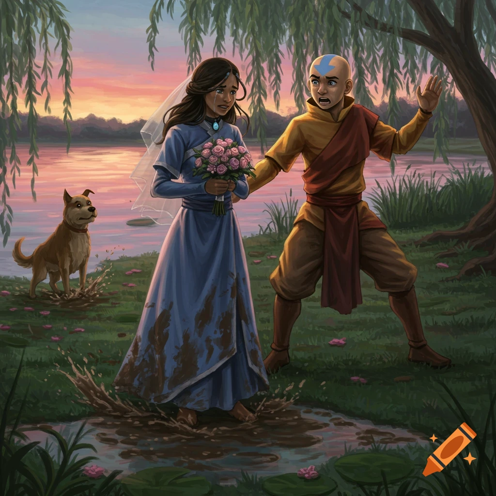 Katara in a muddy wedding dress cries while Aang angrily glares at a dog splashing in a puddle, near a lake at sunset.