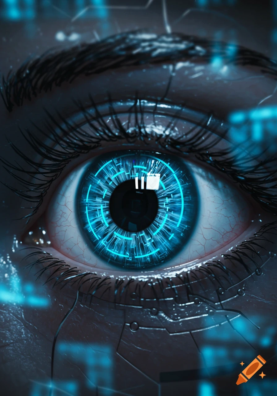 Close-up of a futuristic cybernetic eye with glowing blue circuits in the iris and mechanical details around the skin.