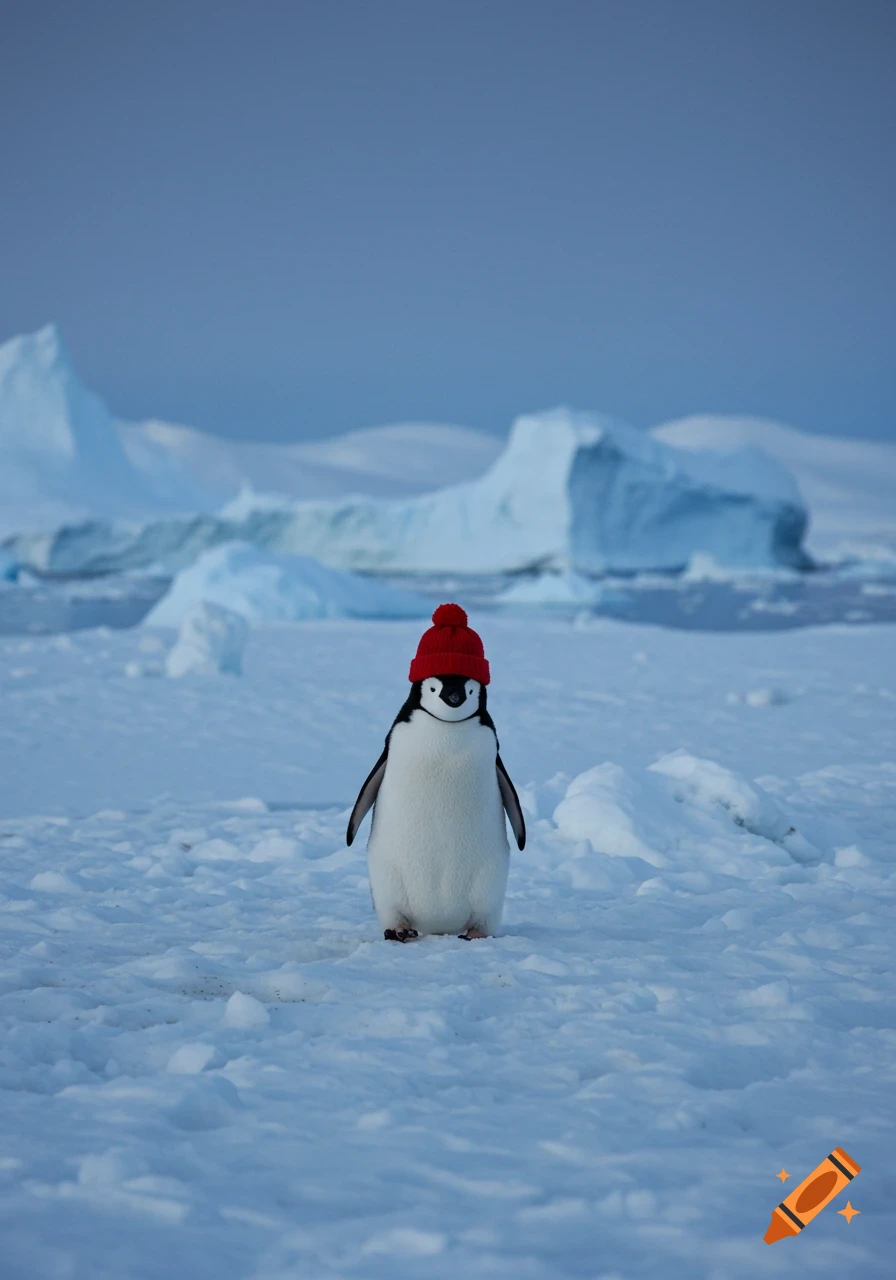 A penguin wearing a red knitted hat stands on a snowy landscape with icebergs in the background, photorealistic style.