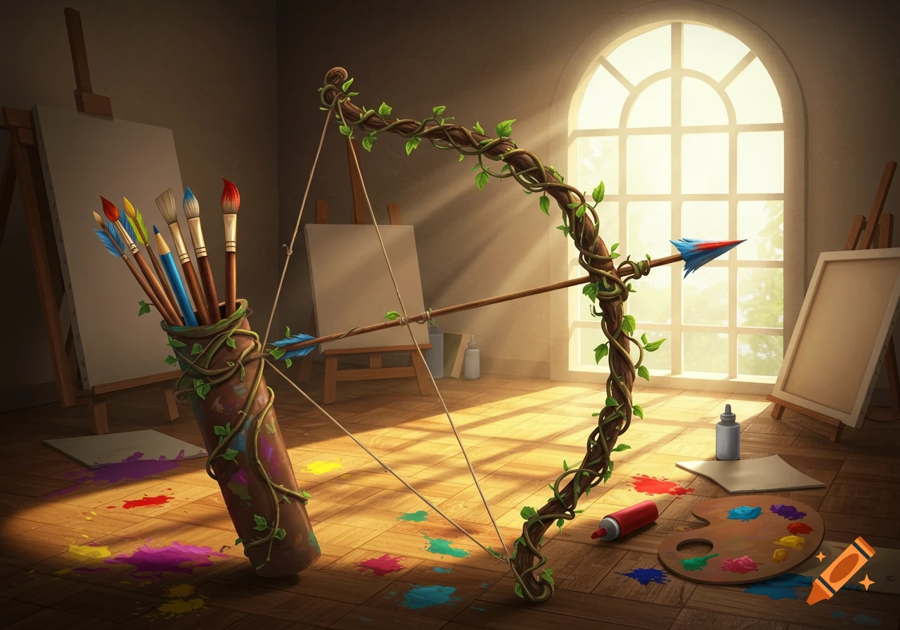 An artistic studio with a bow made of vines and leaves, using an arrow with a paintbrush fletching. A quiver full of paintbrushes and pencils sits nearby. Paint splatters cover the wooden floor, bathed in light from a large arched window.