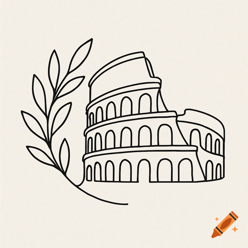 Minimalist line art illustration of the Colosseum in Rome with a laurel branch on a beige background.