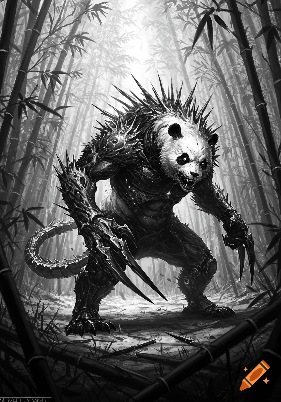 A black and white image of a fearsome bio-organic panda monster with quills, mantis claws, and a reptilian tail in a bamboo forest.