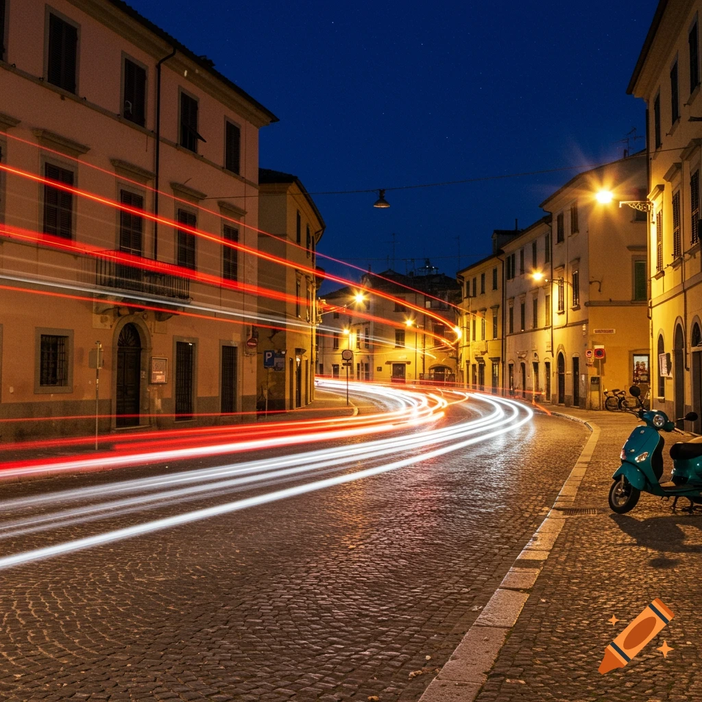 Night view of an Italian city street with historic buildings, cobblestones, red and white light trails from traffic, and a parked teal scooter.