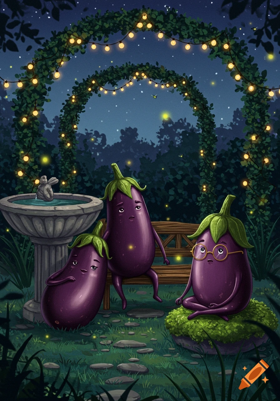 An illustration of three anthropomorphic eggplants with pensive expressions in a whimsical, firefly-lit garden at night.