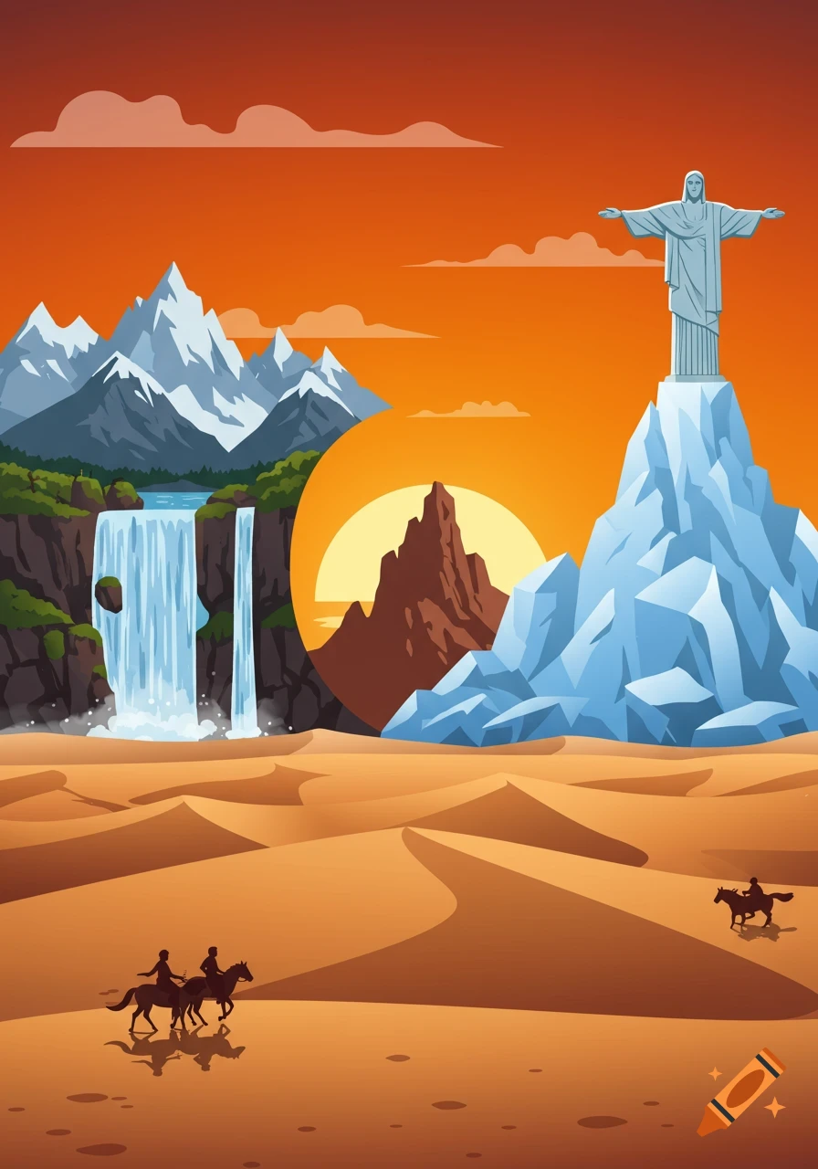 A vibrant cartoon landscape features Christ the Redeemer on an icy mountain, a waterfall, snow peaks, and horse riders in a desert at sunset.
