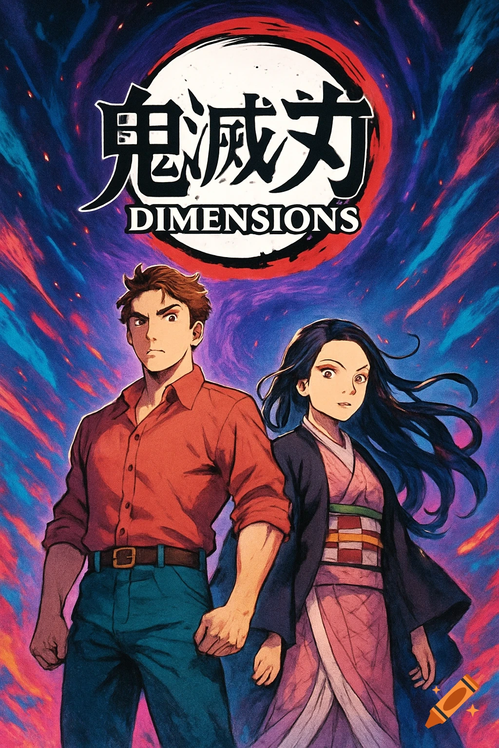 An anime poster with a man and a woman in front of a purple cosmic portal, with 'DIMENSIONS' and Japanese text at the top.