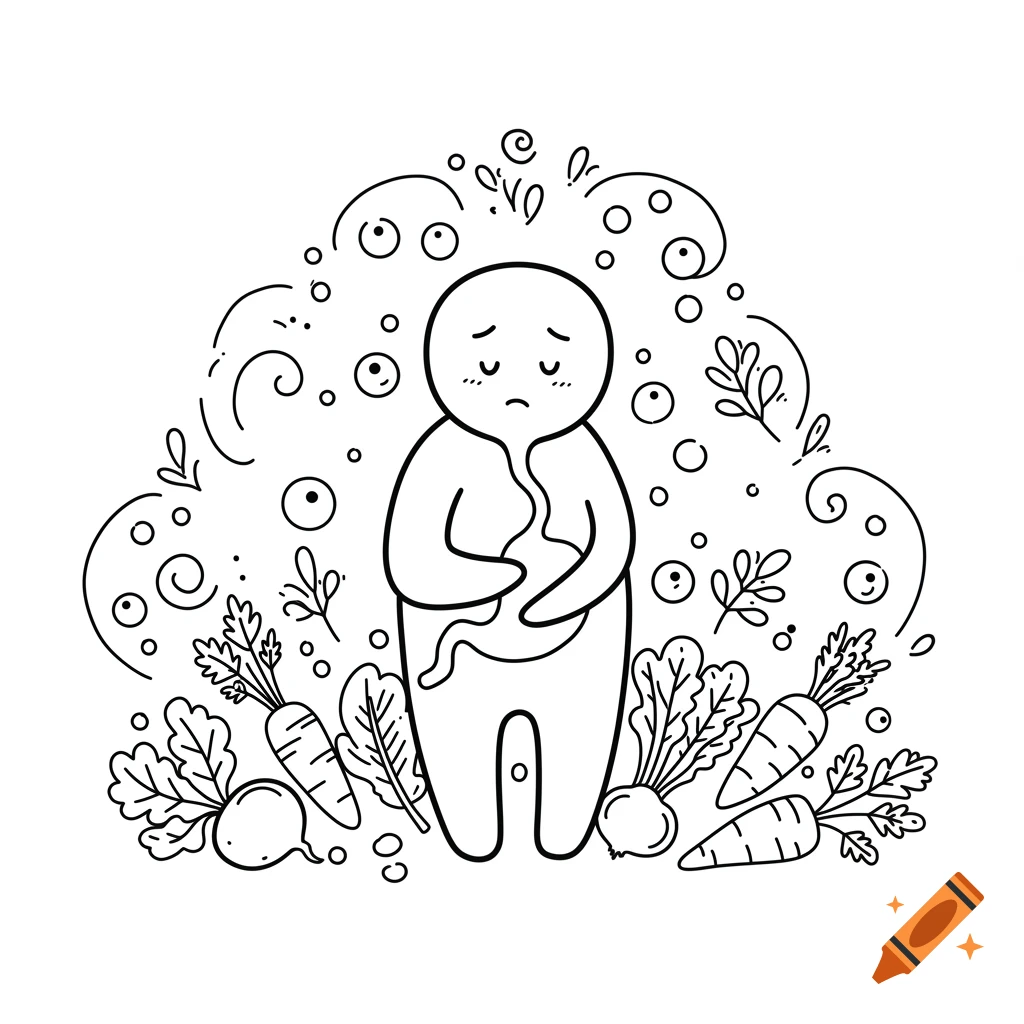 A black and white line drawing of a sad person clutching their stomach, surrounded by various stylized vegetables and organic shapes.
