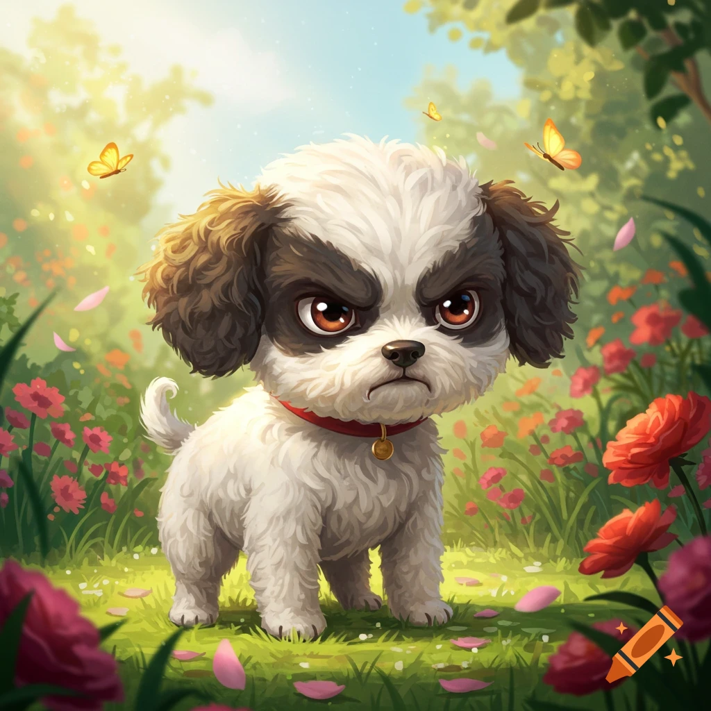 A cartoonish angry puppy with white and brown fur and a red collar pouts in a vibrant garden with flowers and butterflies.