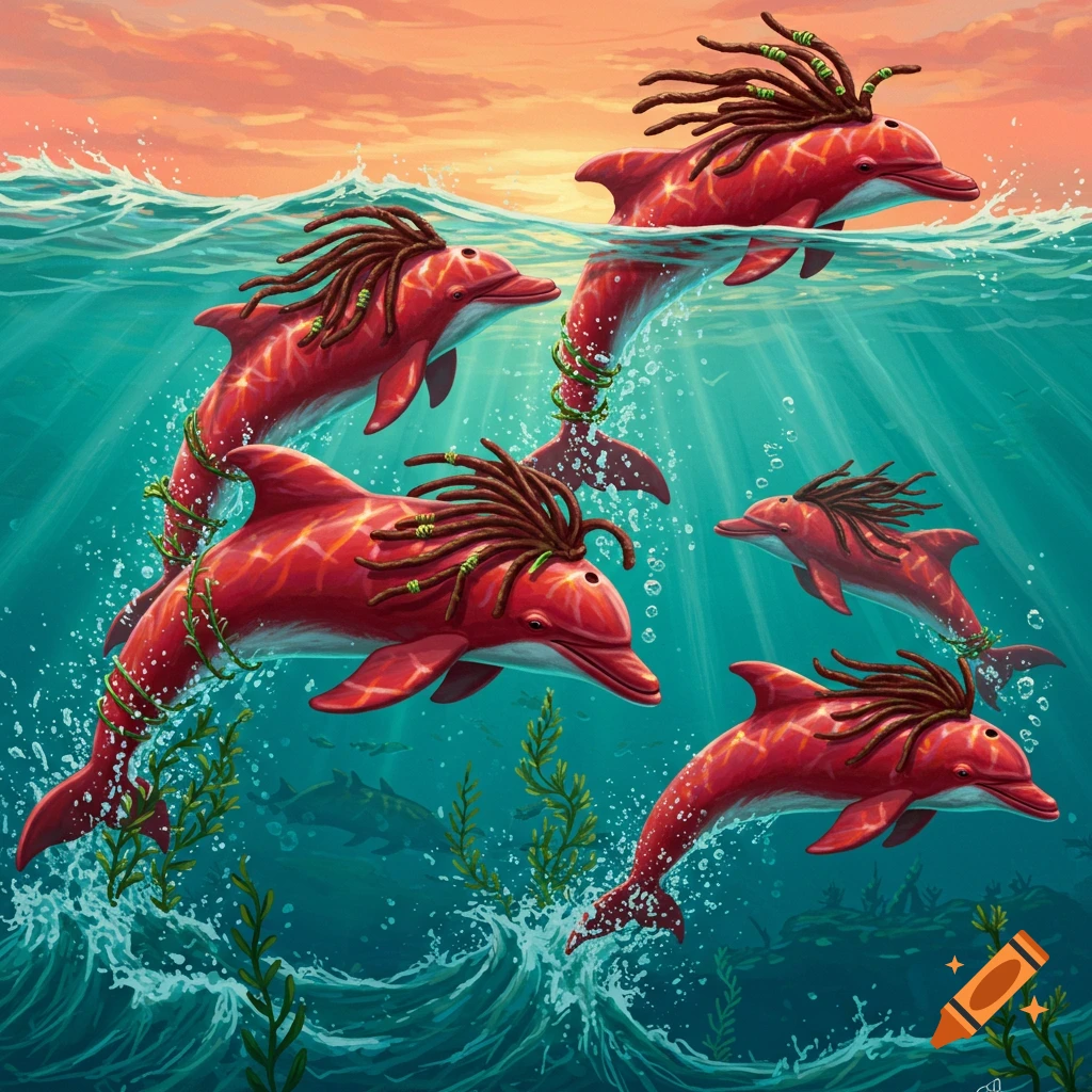 Illustrative image of red dolphins with dreadlocks swimming underwater with light rays and a colorful sunset sky.