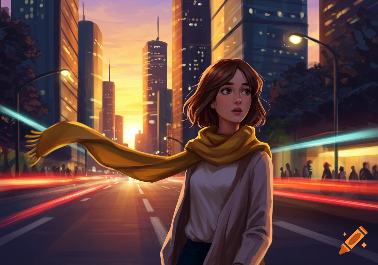 Digital painting of a girl with a yellow scarf on a city street at sunset, featuring tall buildings and glowing light trails.