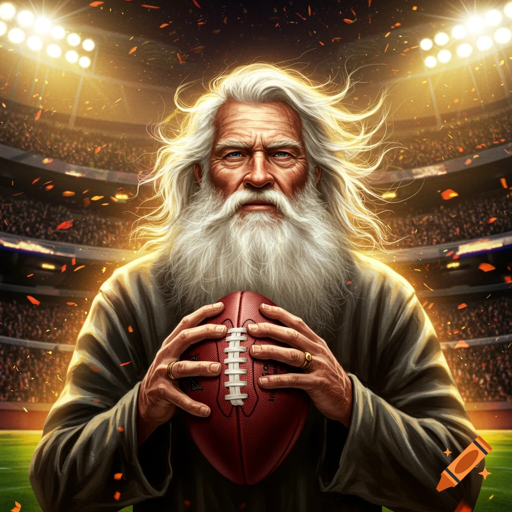 A majestic white-bearded man with flowing hair holds a football in a bright, cheering stadium.