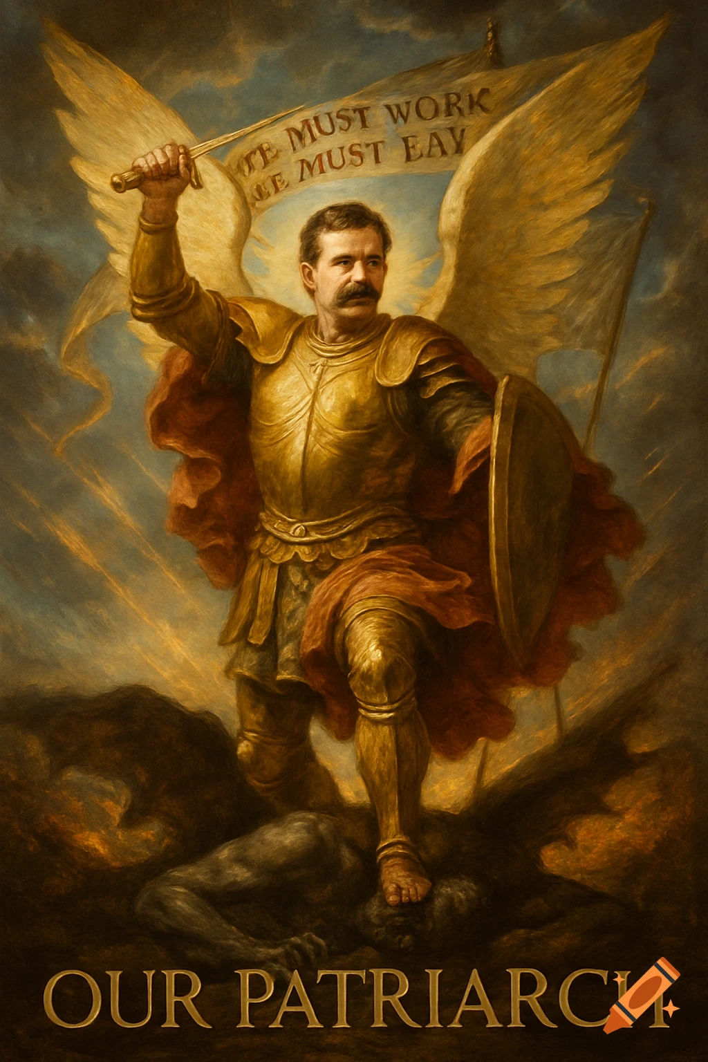 A man resembling a historical figure with a mustache, dressed as Archangel Michael in golden armor and red cape, holds a sword aloft with wings spread. He stands on a vanquished figure, with a banner that reads "WE MUST WORK WE MUST EAY" and "OUR PATRIARCH" at the bottom, in a classical oil painting style.