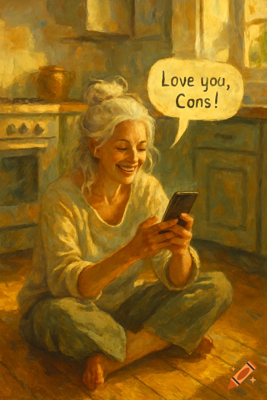 Oil painting of a smiling elderly woman with white hair in a bun, sitting on a kitchen floor, looking at her phone. A speech bubble says 'Love you, Cons!'.