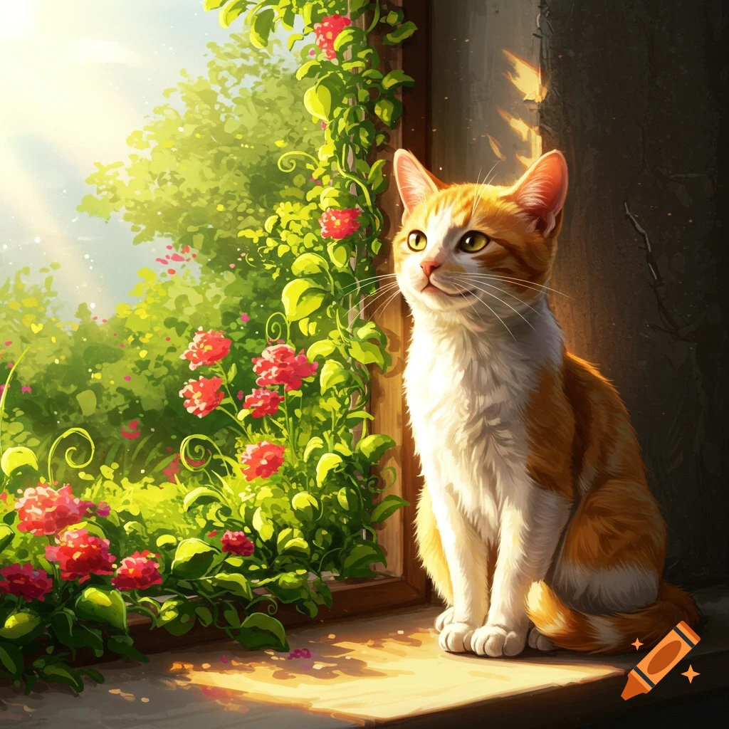An orange and white cat sits on a sunlit windowsill, looking out at lush green plants and red flowers in an illustrative style.
