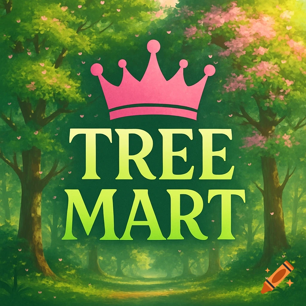 A vibrant green forest scene with a large pink crown centered above the words 'TREE MART' in a green-yellow gradient font.