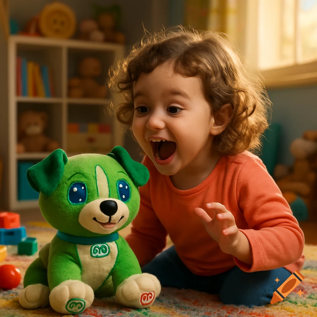 A happy toddler with curly hair looks excited while playing with a green and white plush toy dog on a colorful rug in a bright playroom.