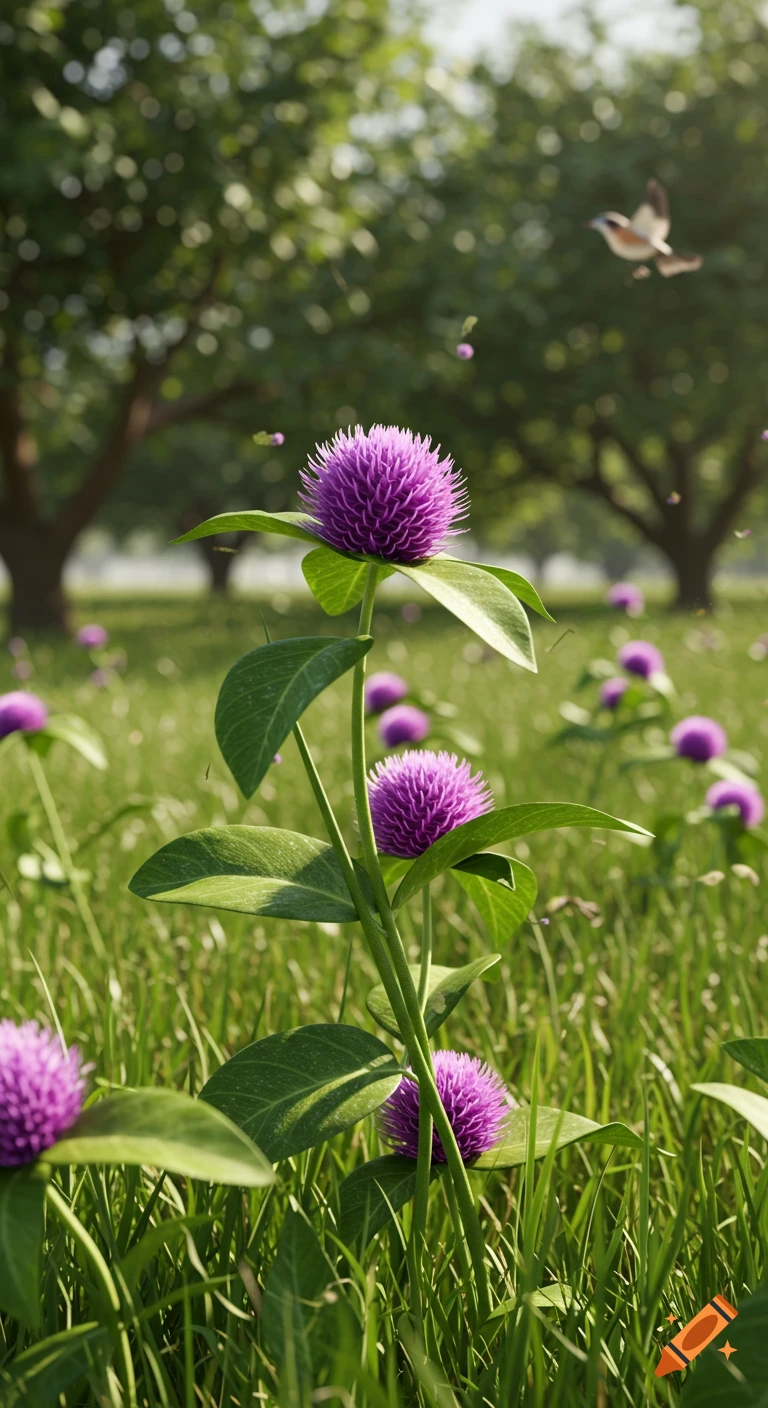 Vibrant purple spherical flowers in a lush green meadow with blurred trees and a bird flying in the background. Photorealistic style.