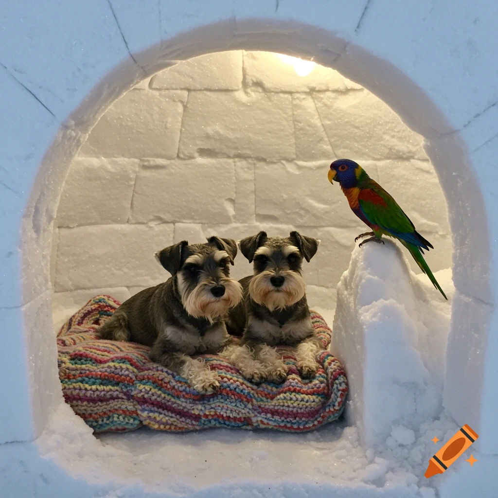 Two miniature schnauzers and a colorful parrot relax inside a snow igloo on a striped blanket.
