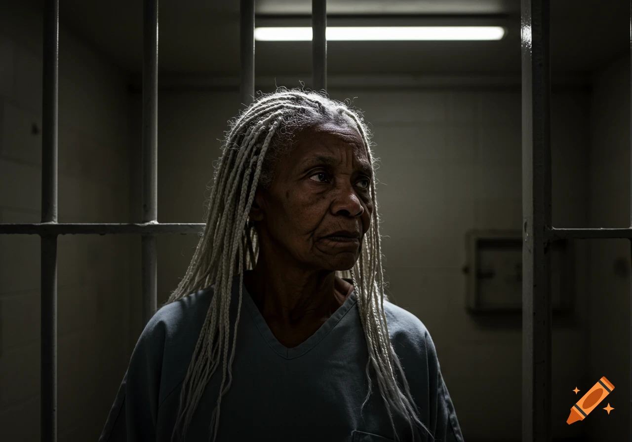An older woman with long white box braids looks out from behind prison bars in a dimly lit cell. Photorealistic.