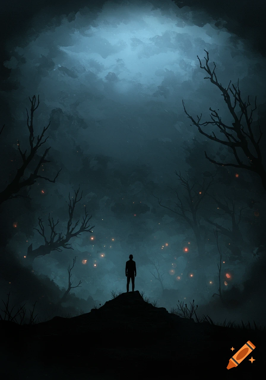 A dark, atmospheric forest with a silhouetted figure standing on a hill, surrounded by glowing embers under a gloomy sky.