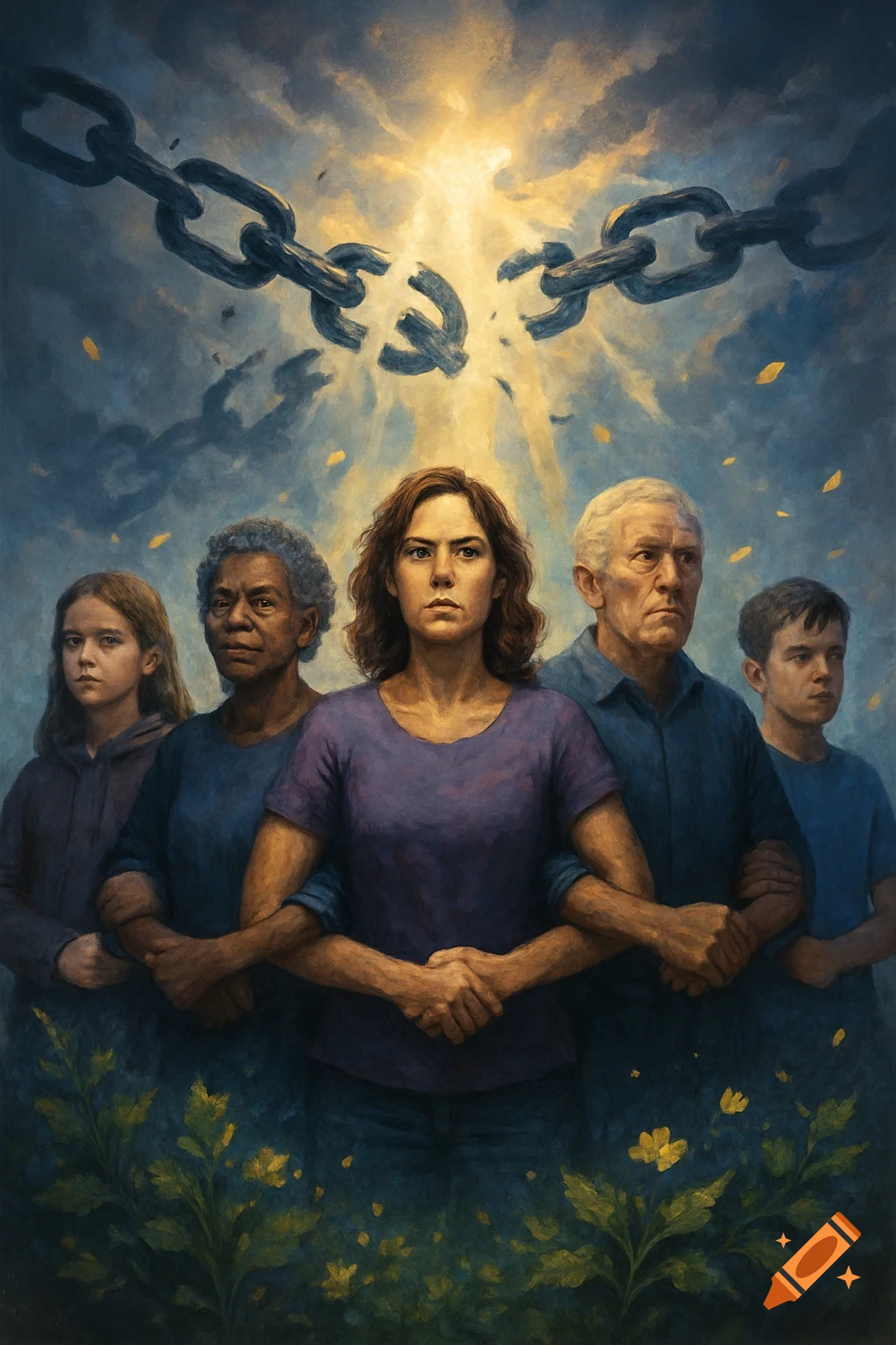 A diverse group stands arm-in-arm, looking forward, with a broken chain above and light shining through, in a painterly style.