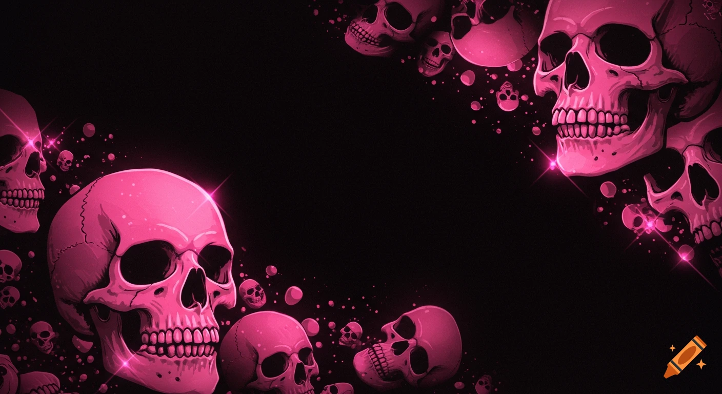 Stylized pink skulls and sparkling effects on a black background, resembling a Twitch overlay.