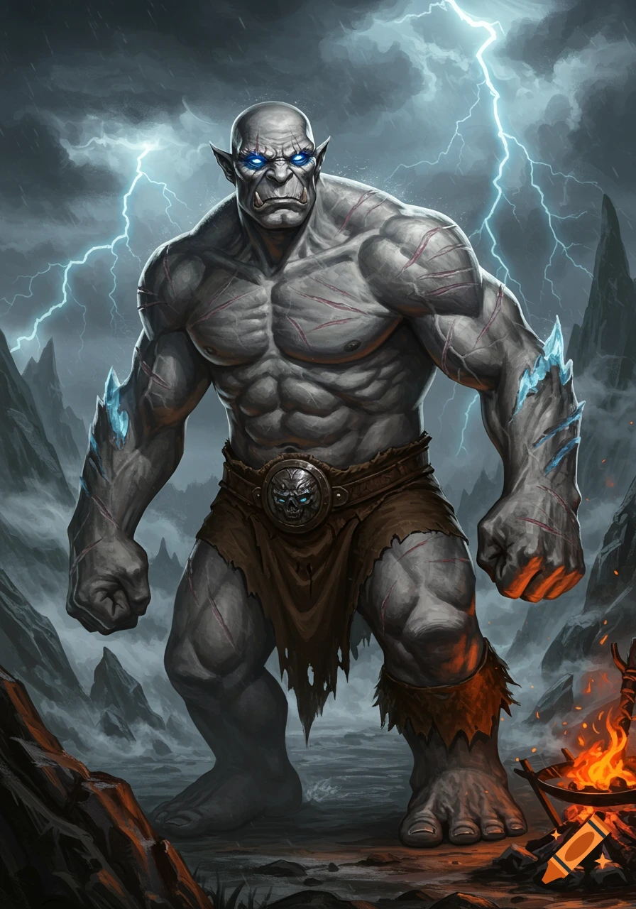A bald, grey-skinned goliath with glowing blue eyes and claw scars stands in a stormy, rocky landscape with lightning and a campfire.