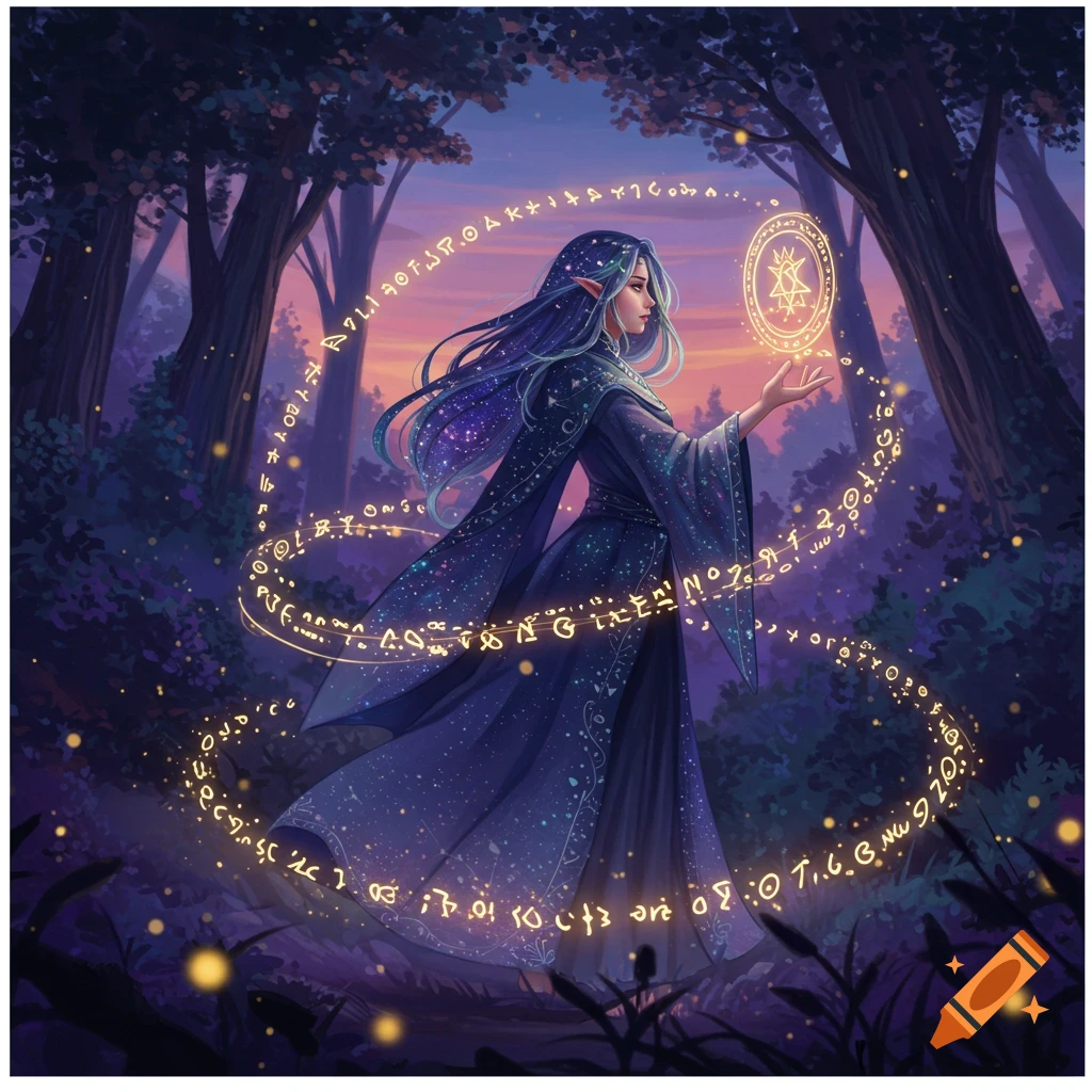 An anime sorceress with long blue hair in a dark forest, holding a glowing magical symbol and surrounded by glowing runes.