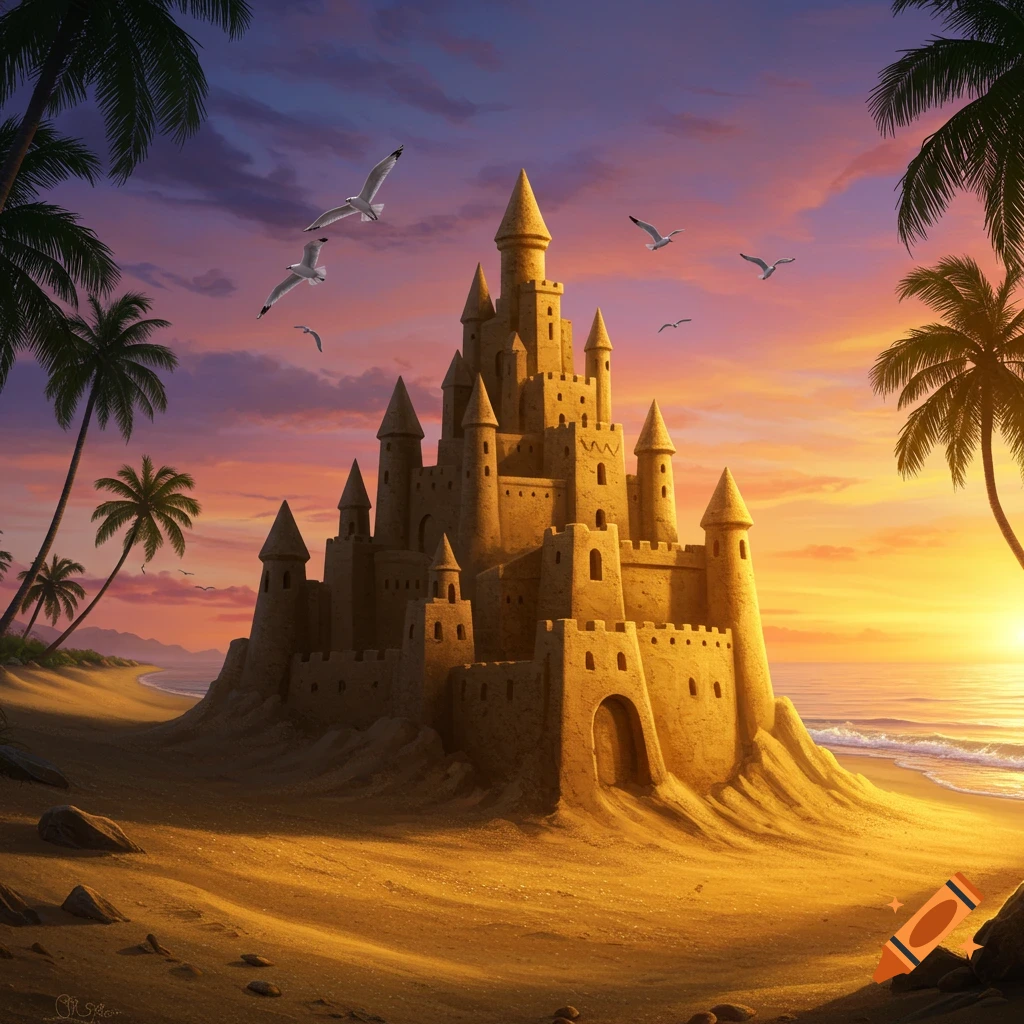 Detailed sandcastle on a tropical beach at sunset, with vibrant sky, palm trees, and flying seagulls.