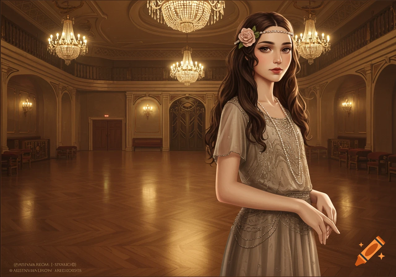 A young woman with long dark hair wearing a 1920s formal dress, beaded necklace, and flower headband in a grand ballroom with chandeliers.