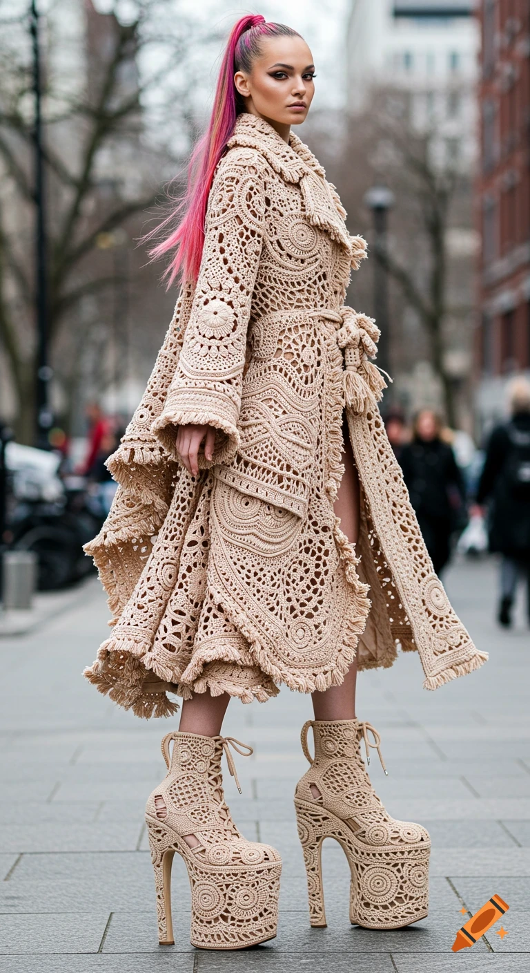 A woman with pink hair in a high ponytail wearing a long beige crocheted coat and matching platform heels on a city street.