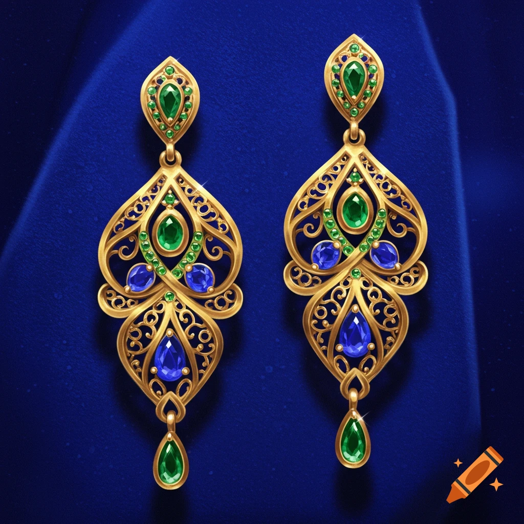 A pair of ornate gold earrings adorned with green emerald and blue sapphire-like gemstones, set against a deep blue fabric background.