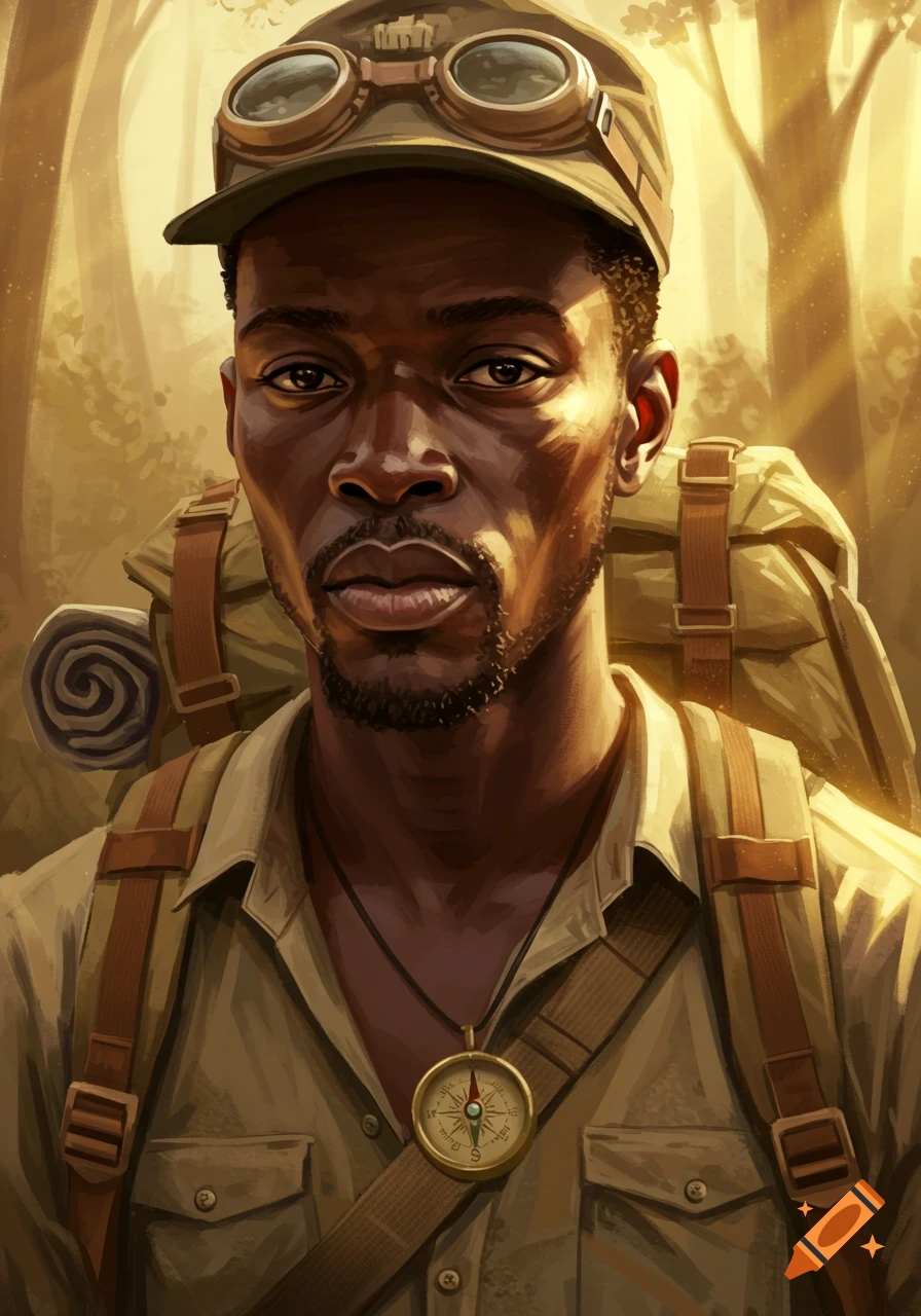 Digital painting of a determined Black man with goggles on his cap, a backpack, and a compass necklace, in a sunlit forest.