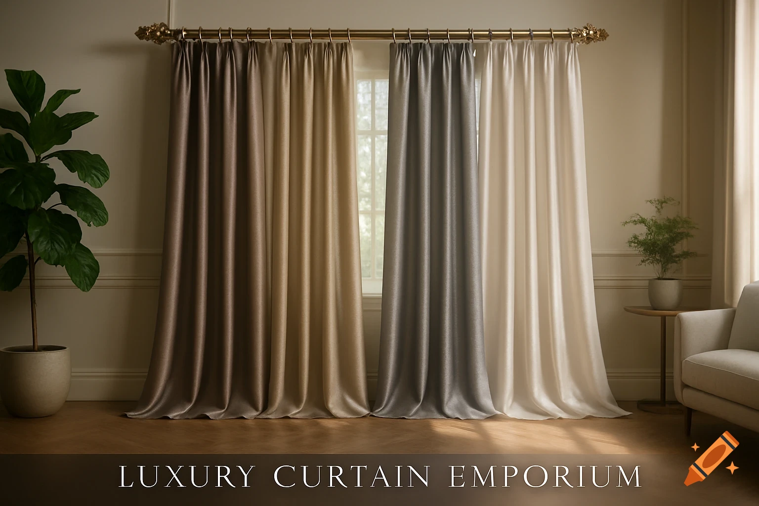 Four luxury curtains in various shades on a gold rod in an elegant room with plants and a sofa. Text: 'Luxury Curtain Emporium'.