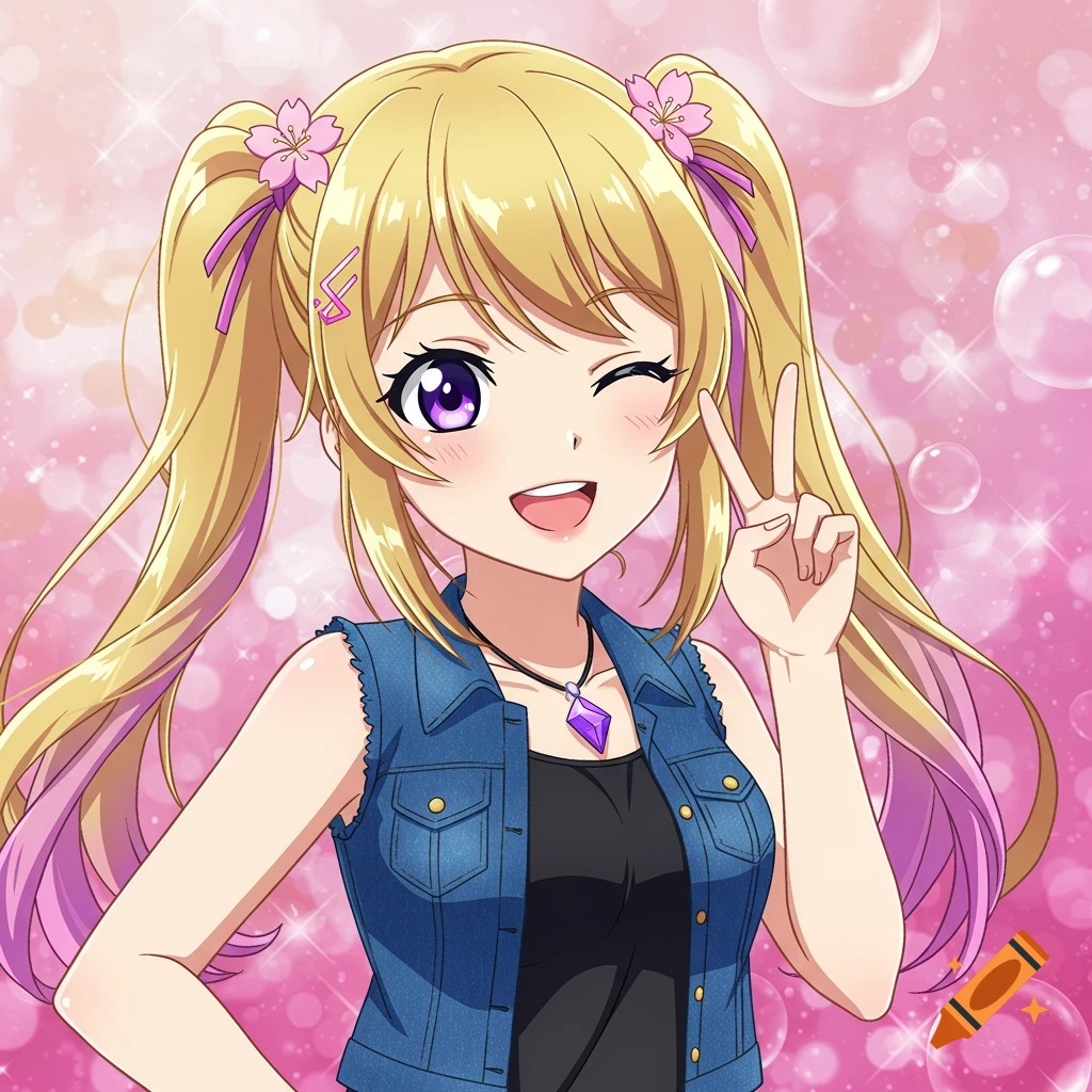 Anime girl with blonde hair and purple streaks, winking and smiling, making a peace sign. She wears a denim vest and a purple pendant against a pink, sparkly background with bubbles.
