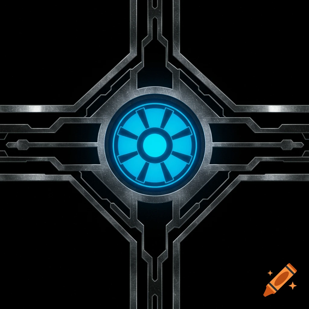 A futuristic silver geometric symbol with a glowing blue circular core on a black background, Star Wars-inspired.