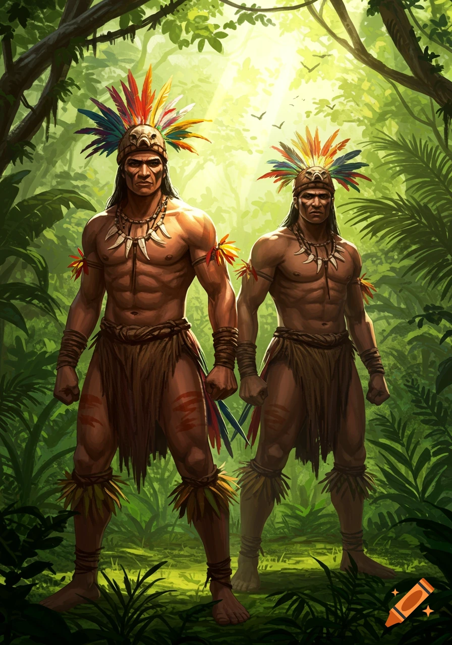 Two muscular men in feather headdresses, bone necklaces, and loincloths stand in a lush jungle with sunlight.