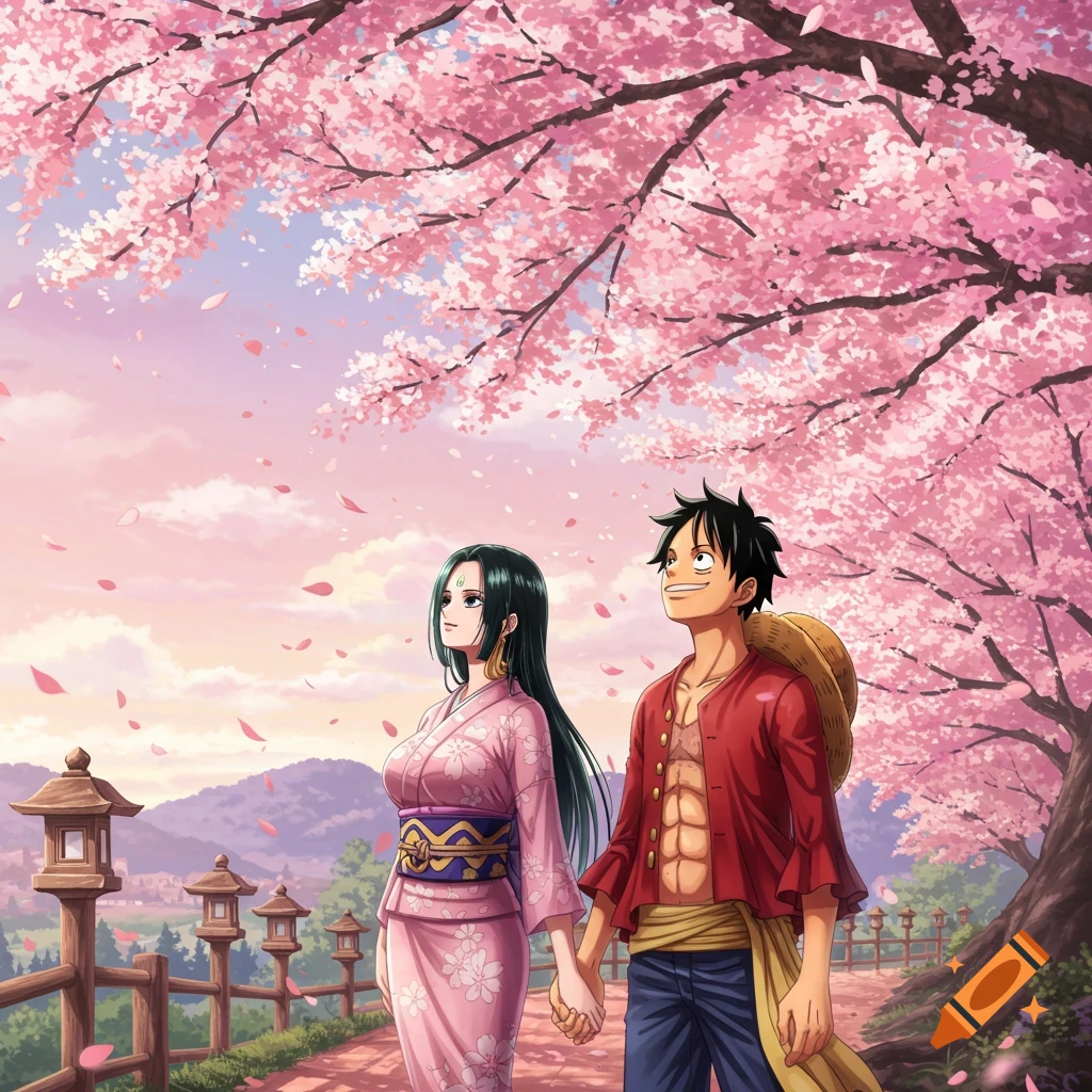 Anime illustration of Luffy and Hancock from One Piece holding hands, looking up at falling cherry blossoms with traditional Japanese lanterns.