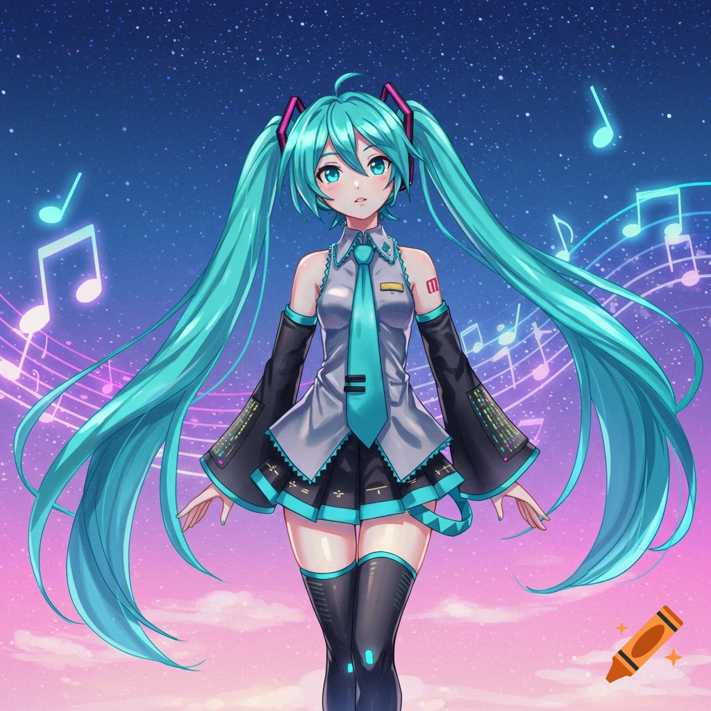 Anime style full-body portrait of Hatsune Miku with long teal pigtails, standing against a starry sky with musical notes.