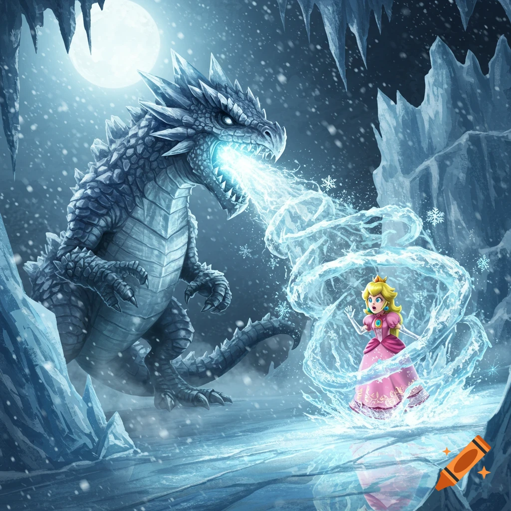 An ice dragon Blizzaurus breathes ice at Princess Peach, encasing her in frozen water in a snowy cave under a full moon, digital art.