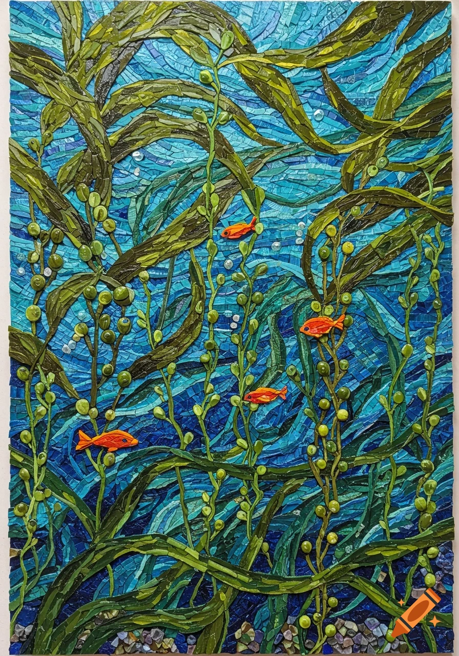Vibrant mosaic of a kelp forest with three orange fish swimming in blue and green water.
