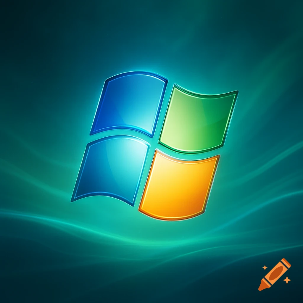 Stylized glowing Windows Vista logo with blue, light blue, green, and orange panes on a teal background with wavy lines.