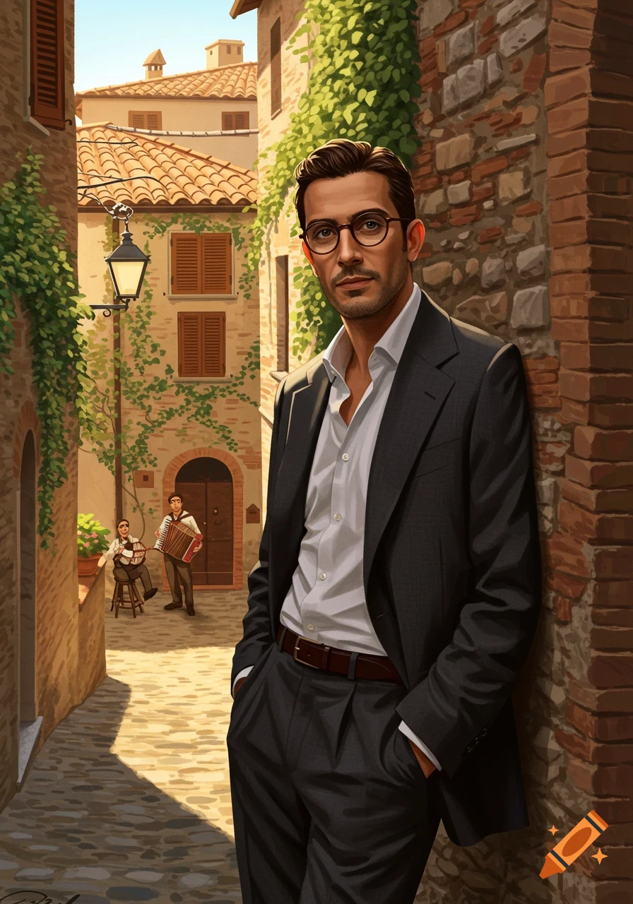 A man in a suit and glasses leans against a brick wall in a sunny Italian alley with musicians in the background. Illustration.