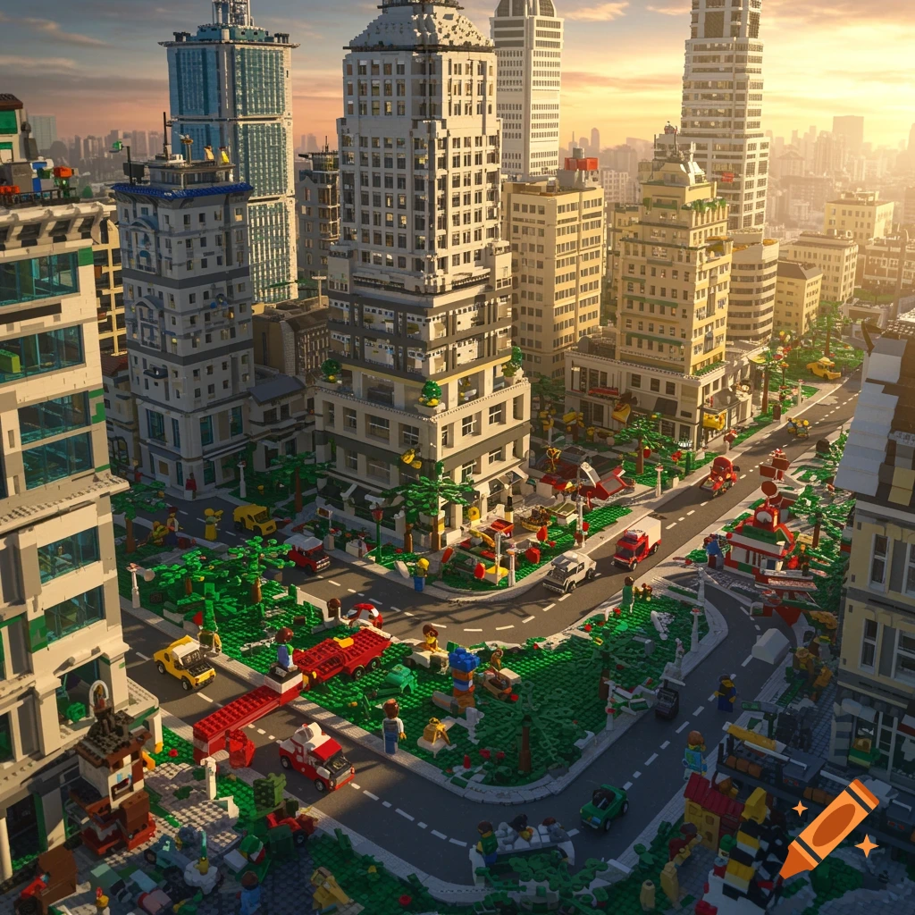 Aerial view of a vibrant, detailed Lego city with skyscrapers, roads, and minifigures under a sunset sky.