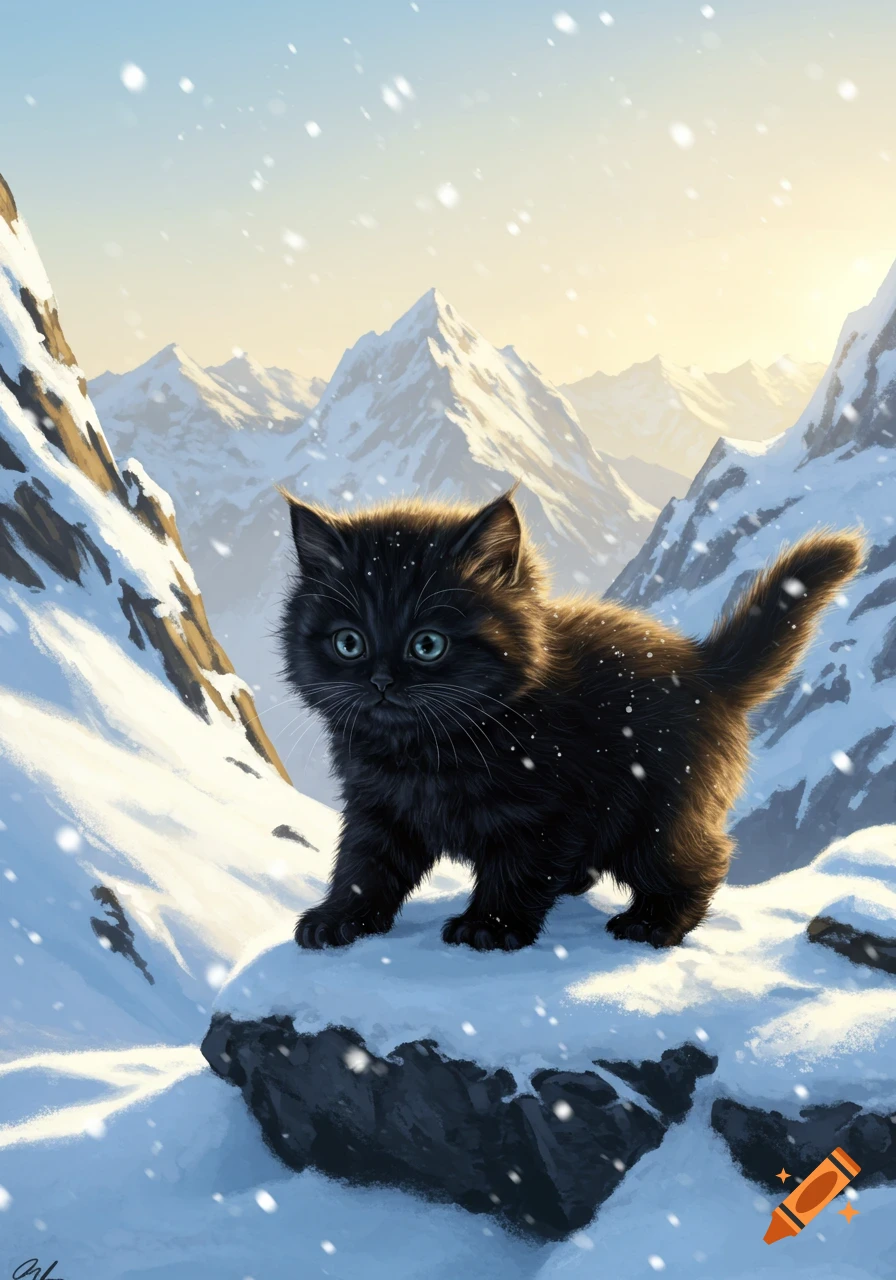 A fluffy black kitten with blue eyes stands on a snowy rock in a majestic snowy mountain landscape, digital painting.
